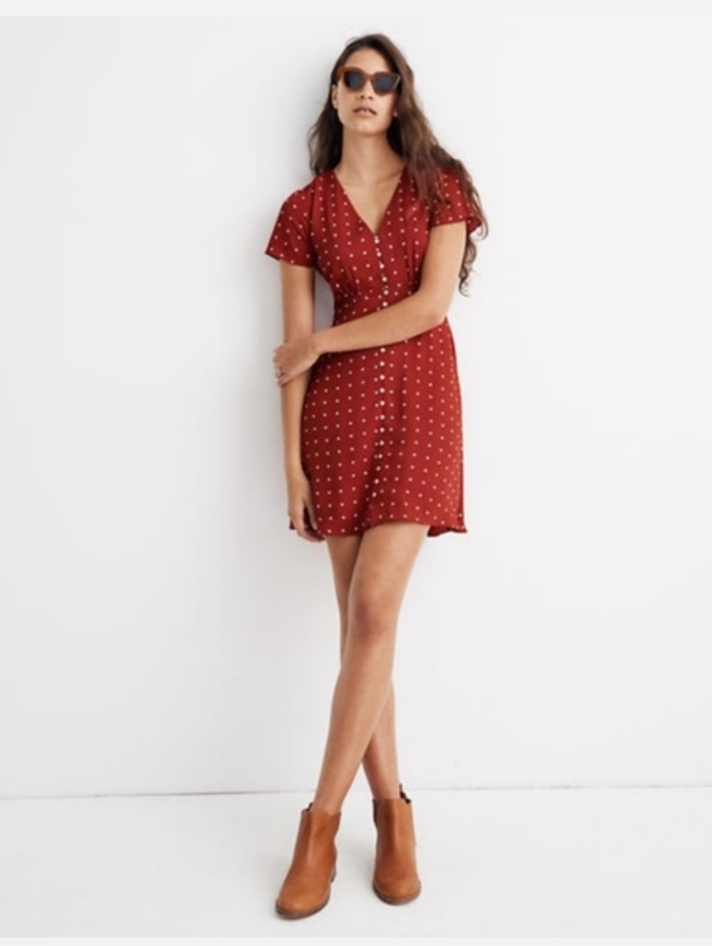 NWT Madewell Front Button Swing Dress in Grid Dot Bright Ember Red sz 4